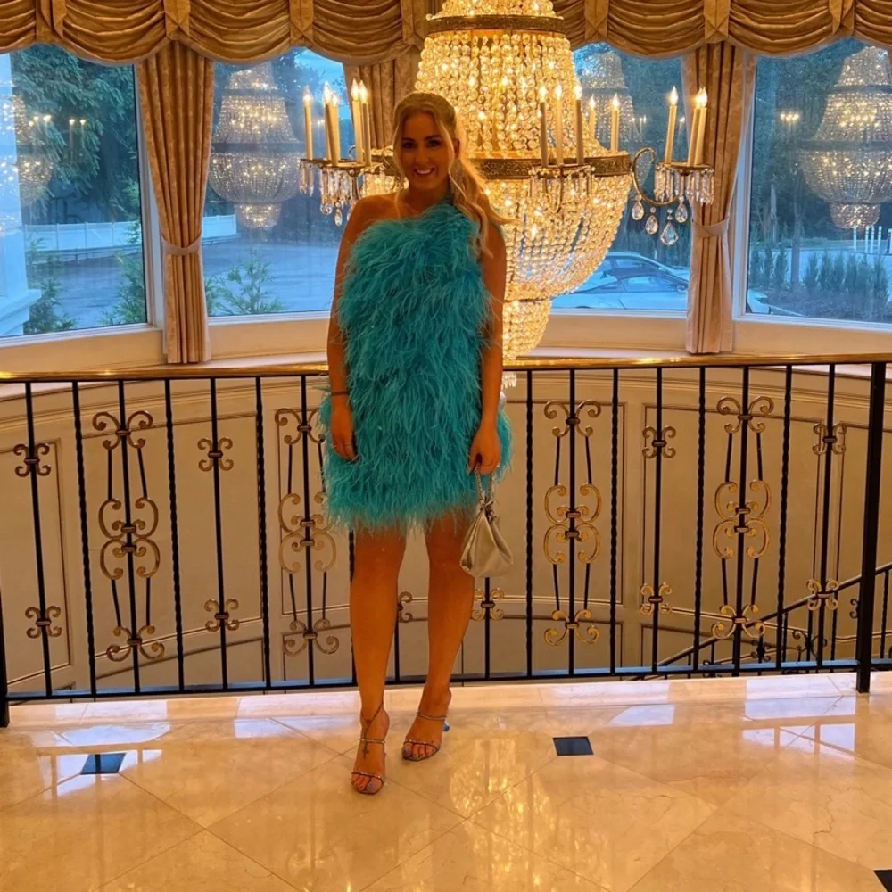 The Bar One Shoulder Ostrich Feather Andre Dress in Turquoise - Picture 6 of 12